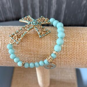 NWT Gold Cross Turquoise Bead Stretch Bracelet